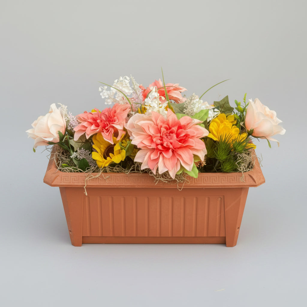 Spring blooms in terracotta outdoor planter