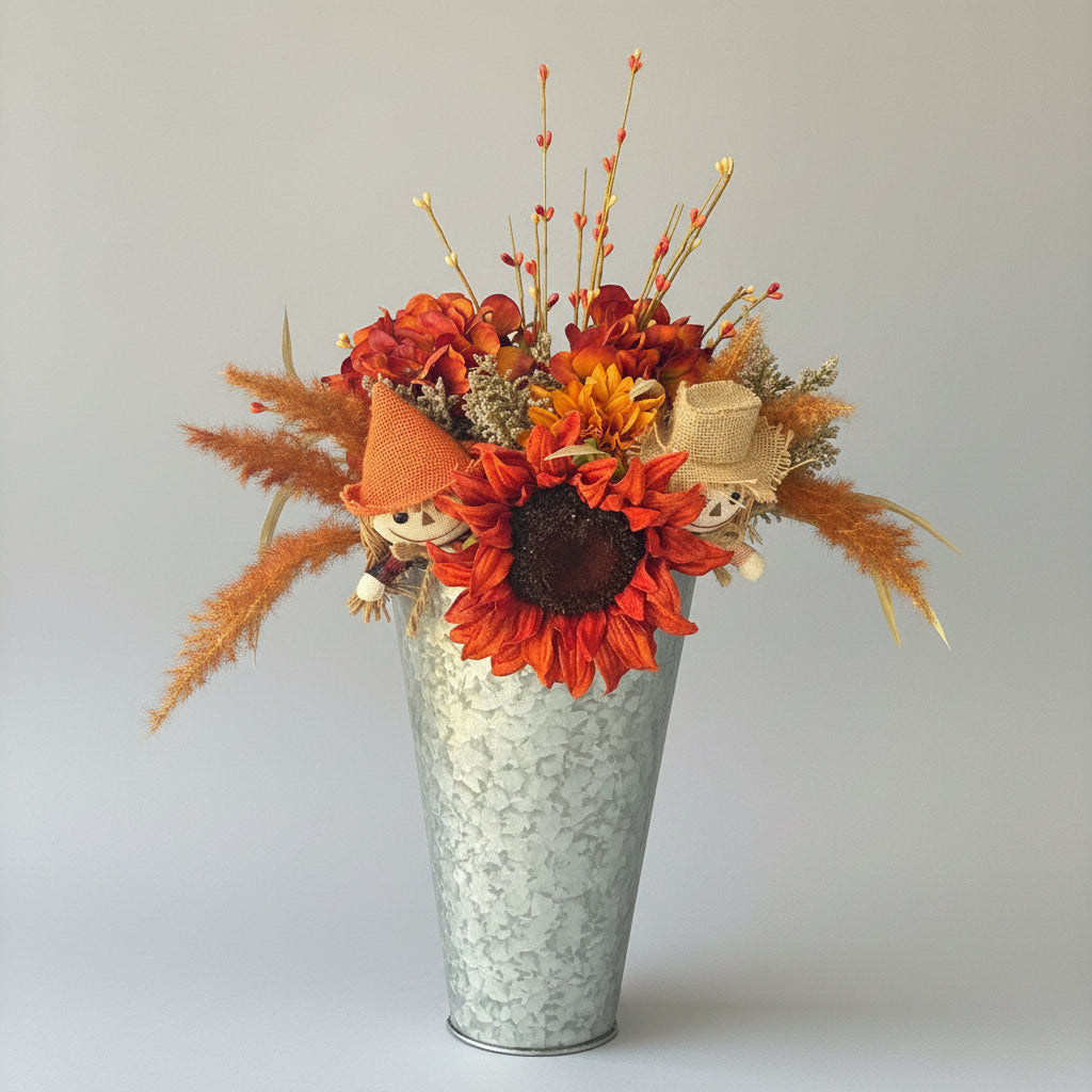 fall flowers with scarecrows in metal vase